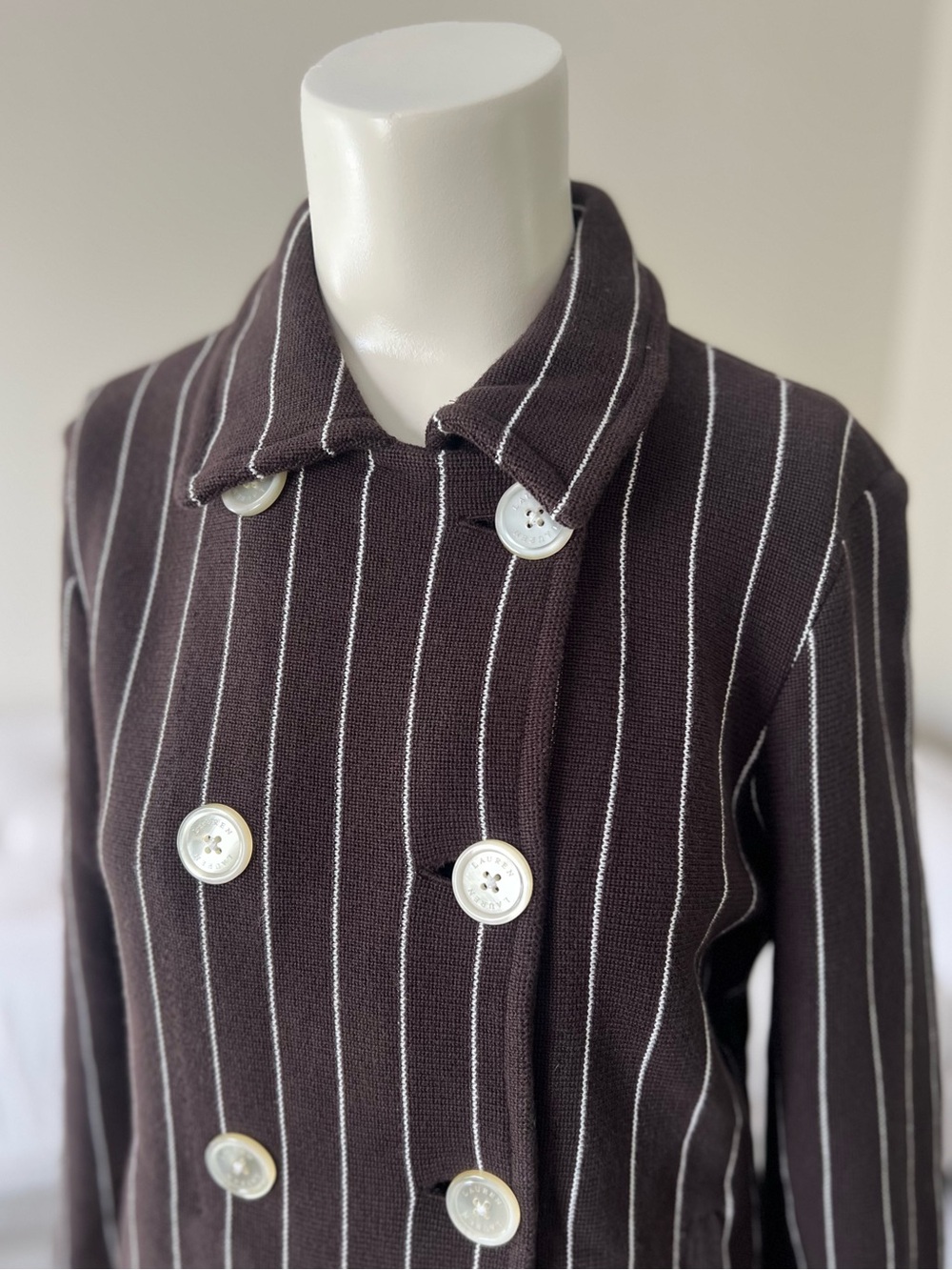 Vintage Ralph Lauren Double Breasted Blazer Brown Pinstripe 100% Cotton